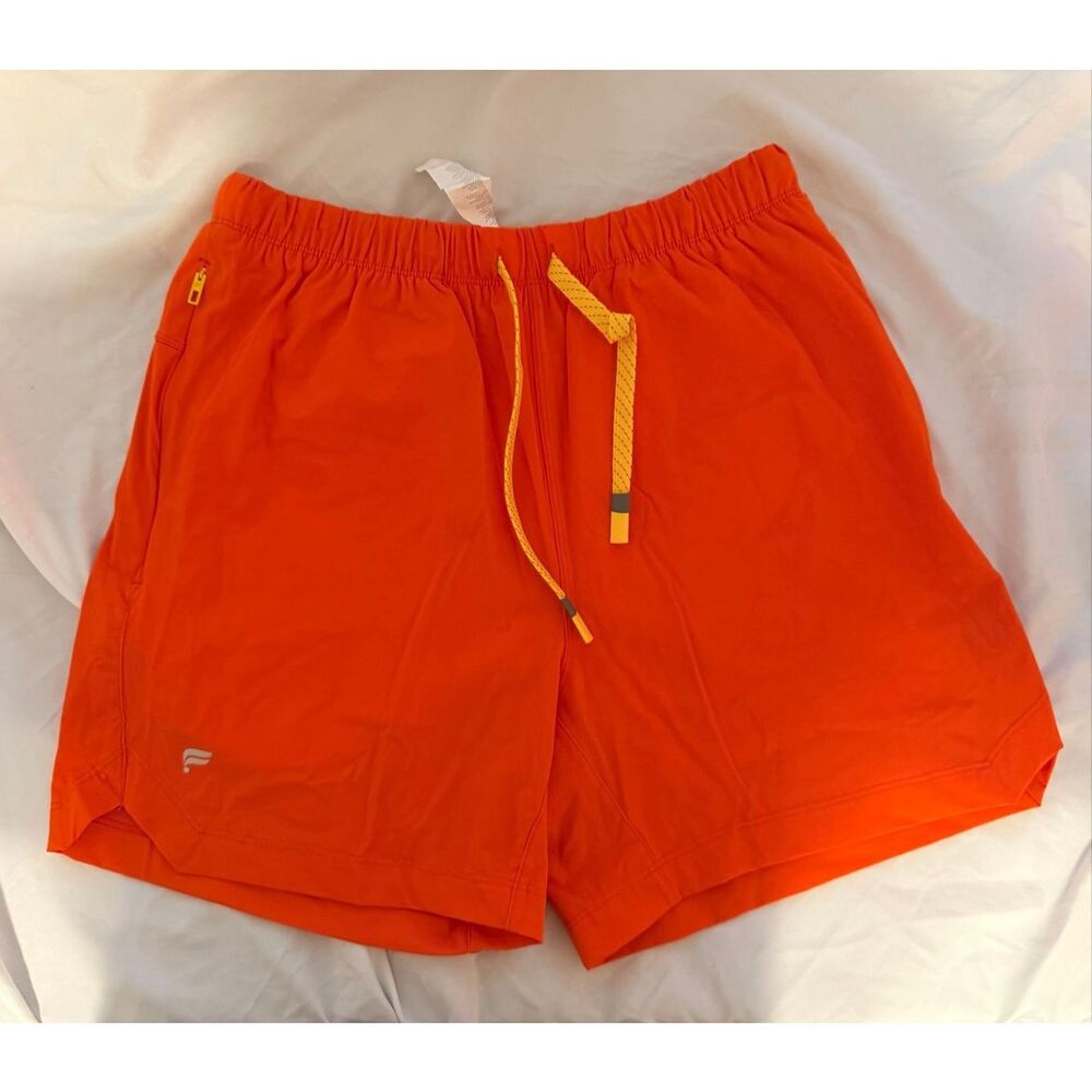 Fabletics Orange Athletic Running Gym Shorts Yellow Drawstring Zip Pocket Size S
